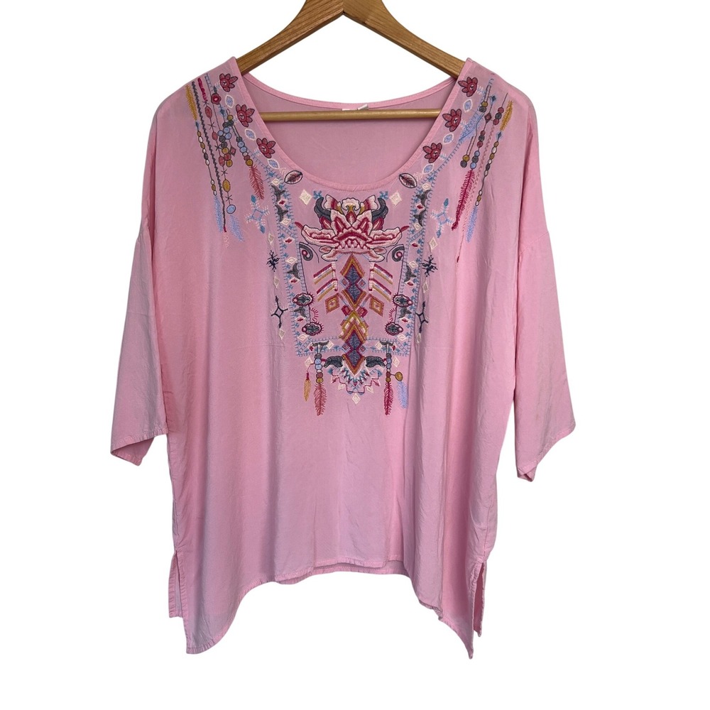 Unbranded‎ Pink Embroidered Boho Peasant Blouse XL 3/4 Sleeve Relaxed Rayon Top